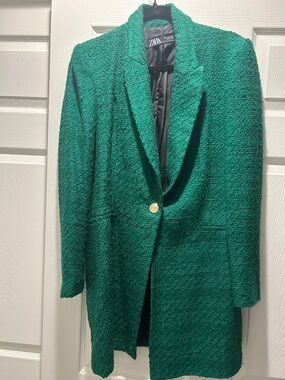Zara Green Bouclé Single-Button Long Blazer